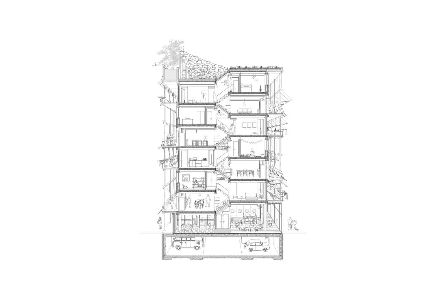 Schnitt von Haus 1 mit Tiefgarage, Wohnungen und Dachterasse. Es wird ein bewohnter Zustand visualisiert