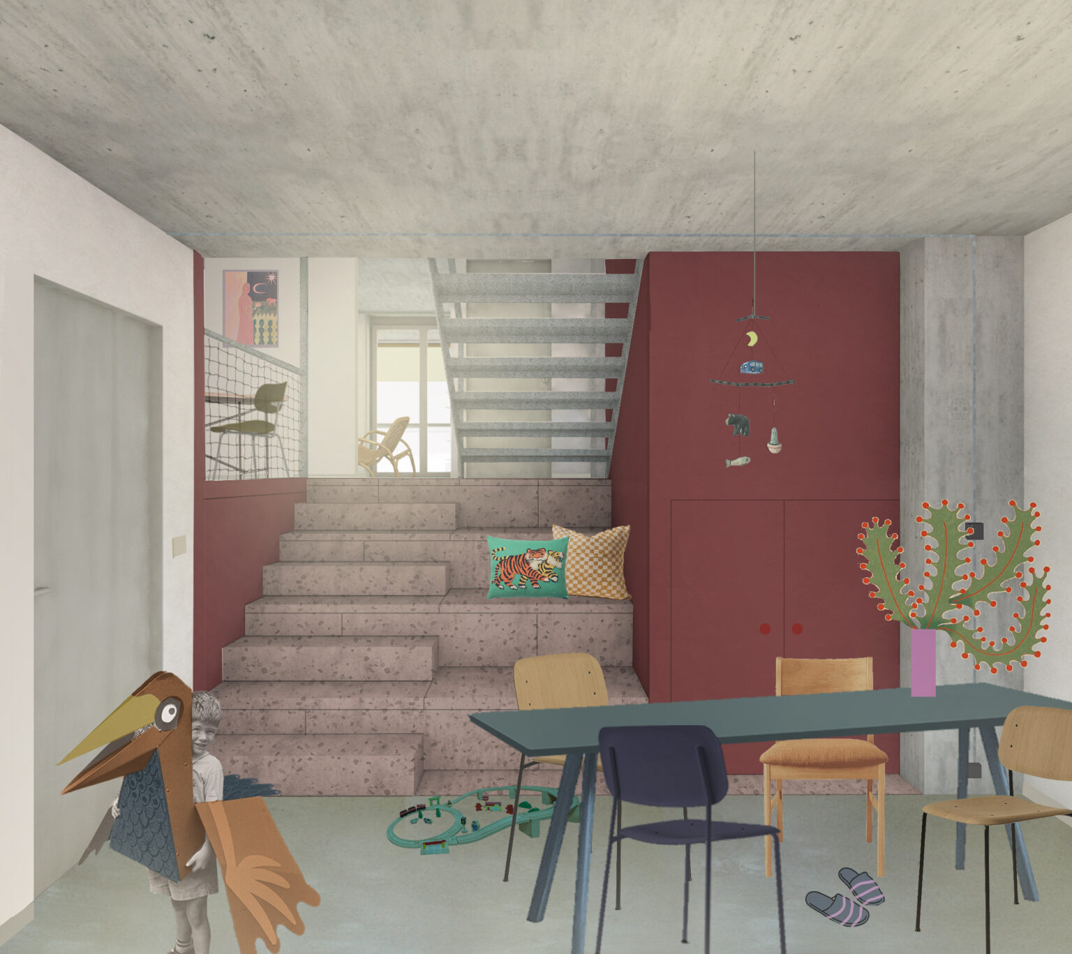 Visualisierung des Esse- und Wohnbereiches einer Split-level Wohnung mit Esstisch, Stühlen, Pflanze, Alltagsgegenständen und einem Kind in einer Vogelverkleidung.